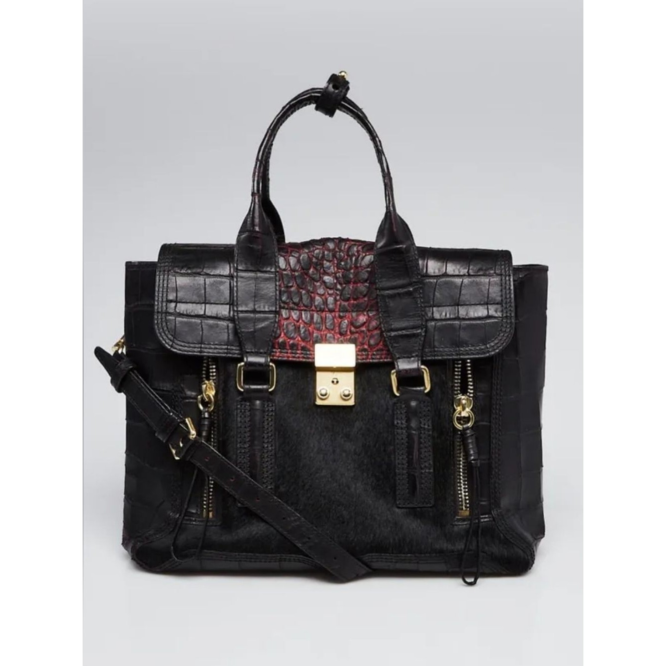 3.1 Phillip Lim Black Calf Hair Red Croc Embossed Leather Pashli Satchel Medium